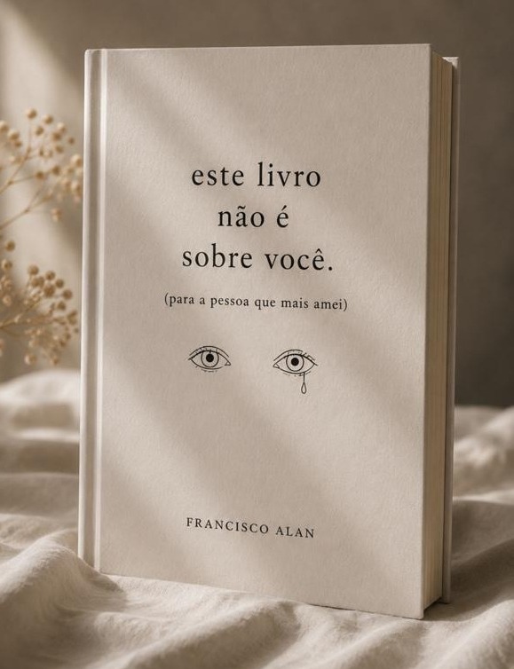 Exemplar impresso do livro 'este livro não é sobre você.' sobre um tecido claro